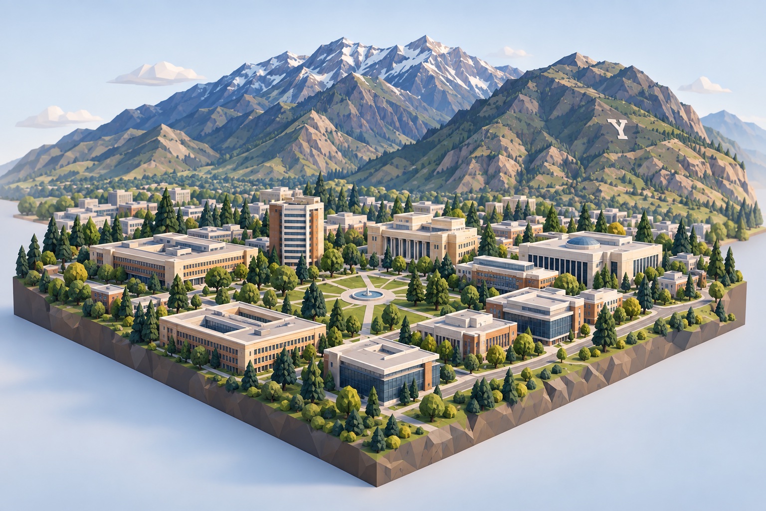 A stylized three-dimensional miniature of Provo and BYU beneath the Wasatch Mountains